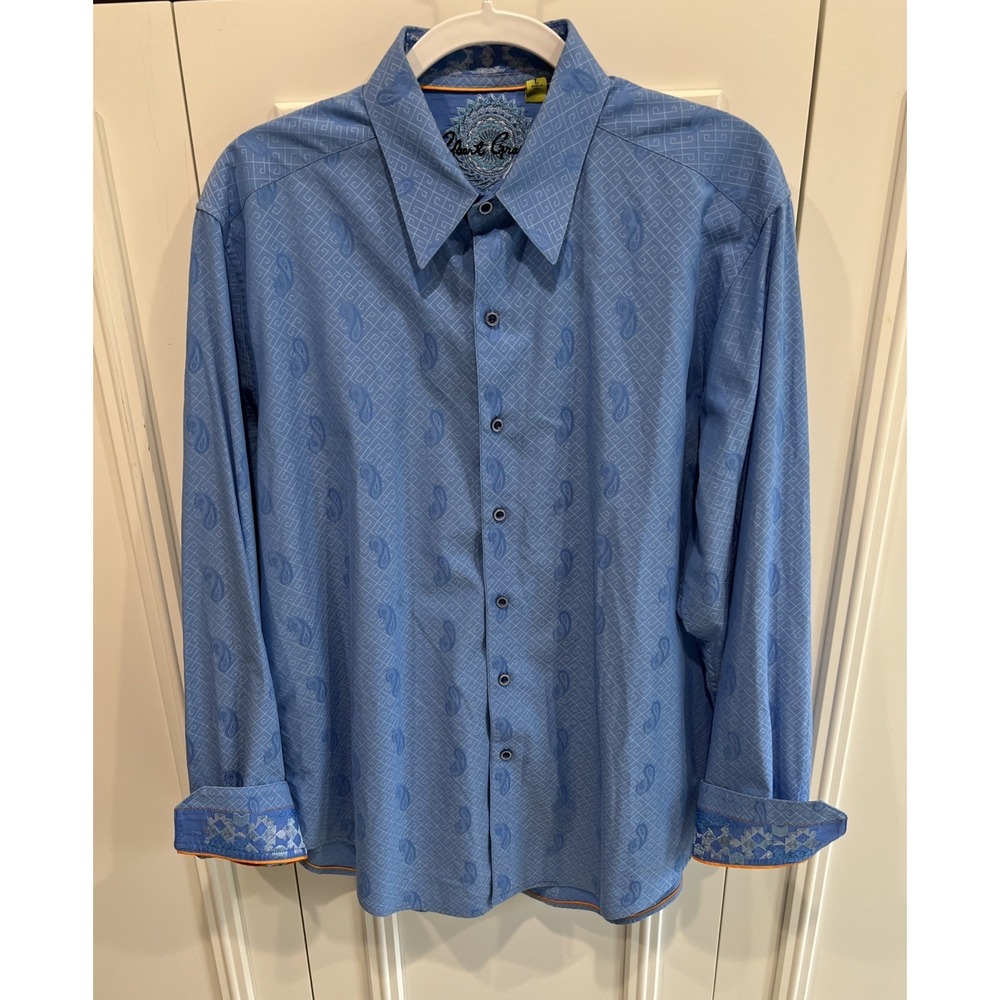 Robert Graham Shirt Blue Paisley Button Up Geometric Embroidered Flip Cuff